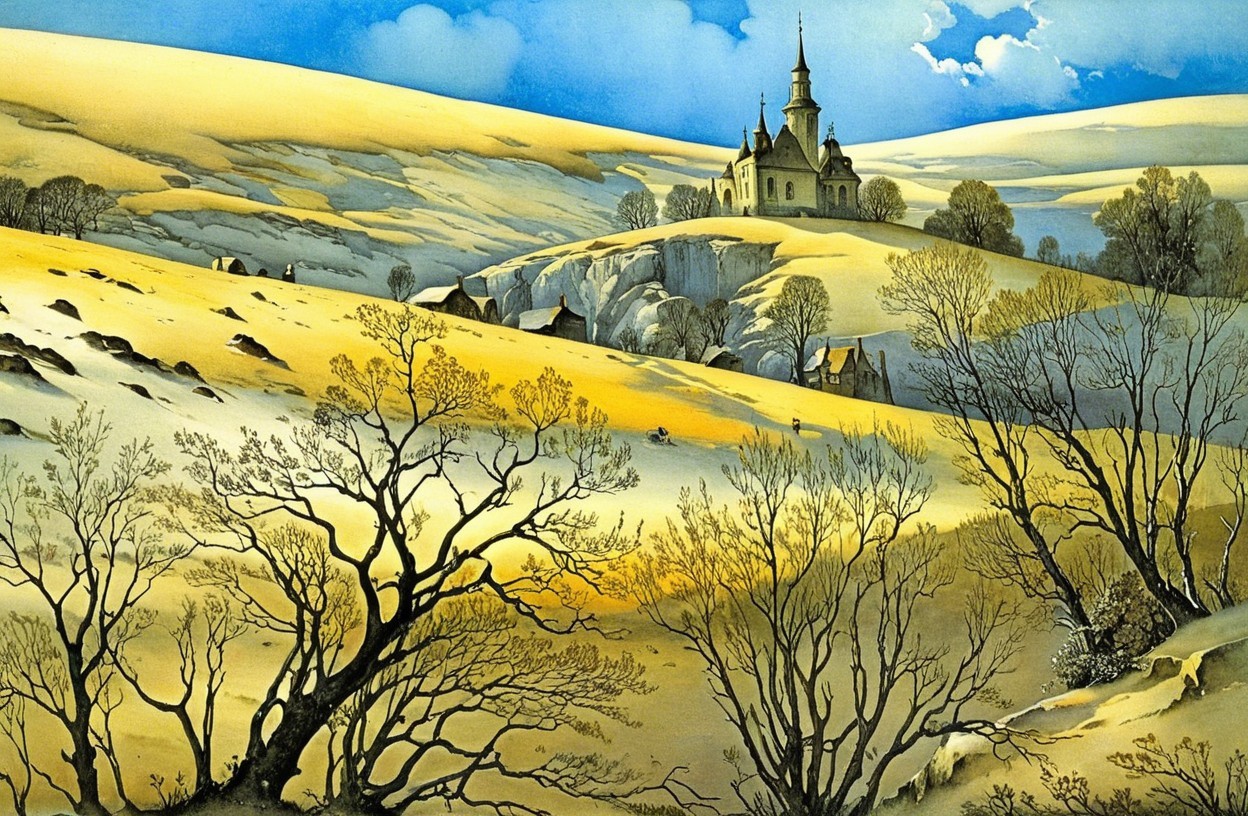 Serene Winter Landscape with Castle and Leafless Trees