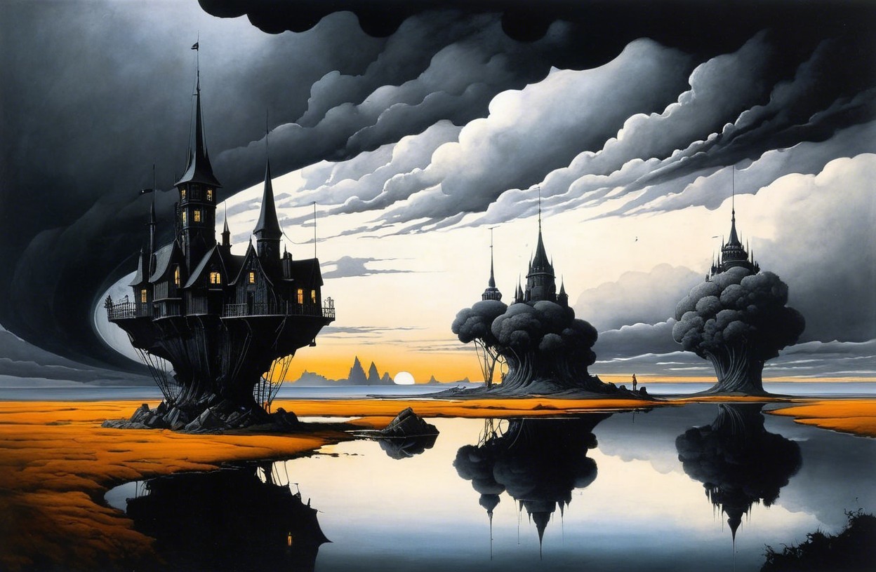Surreal Landscape with Castles and Eerie Atmosphere