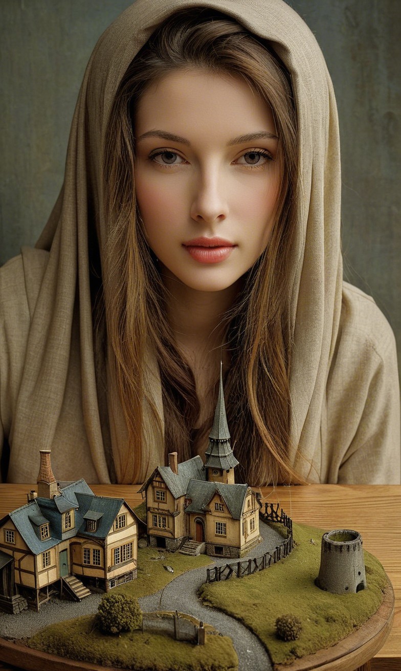 Young Woman in Beige Hood with Miniature Village