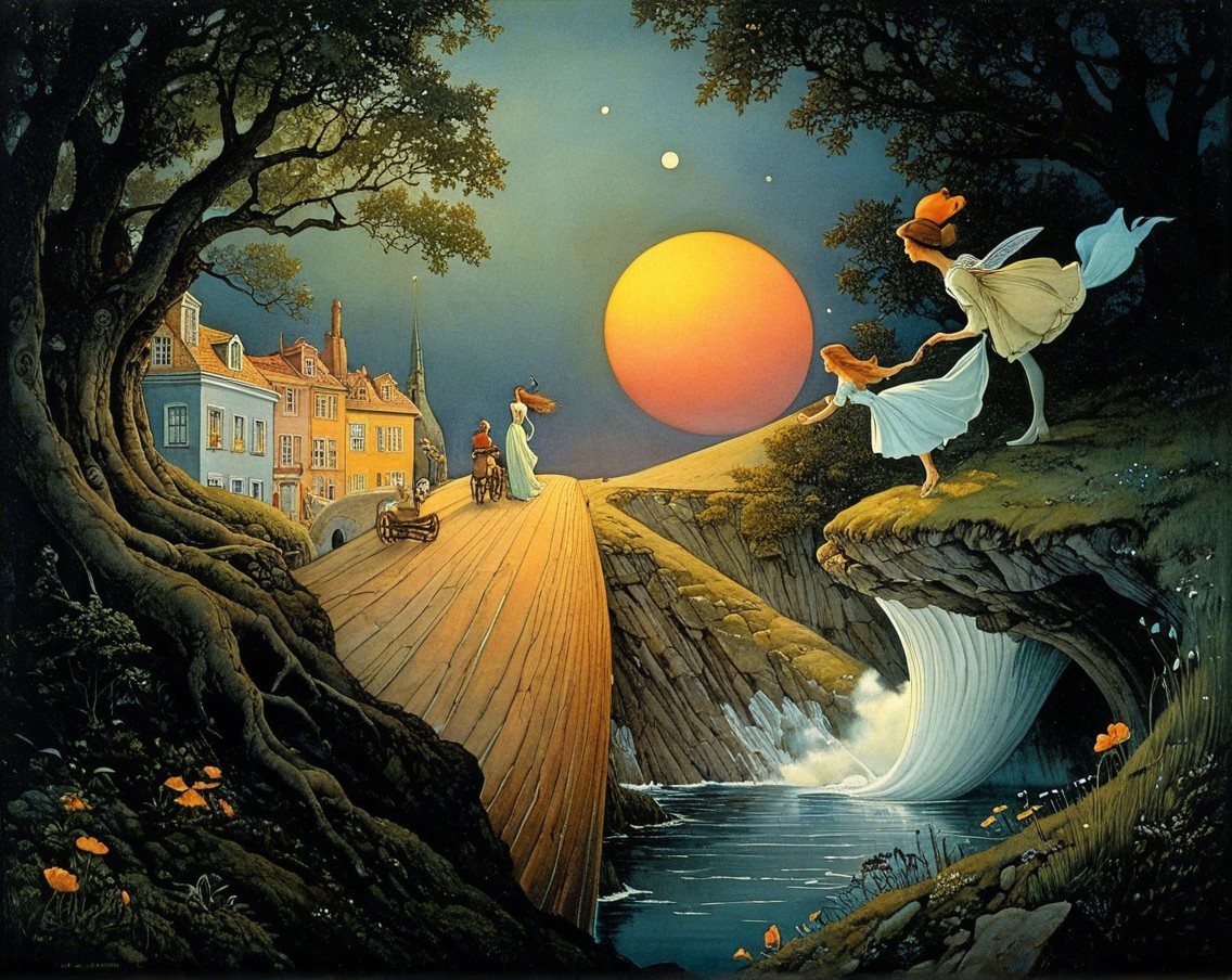 Twilight Village Scene with Sunset and Waterfall