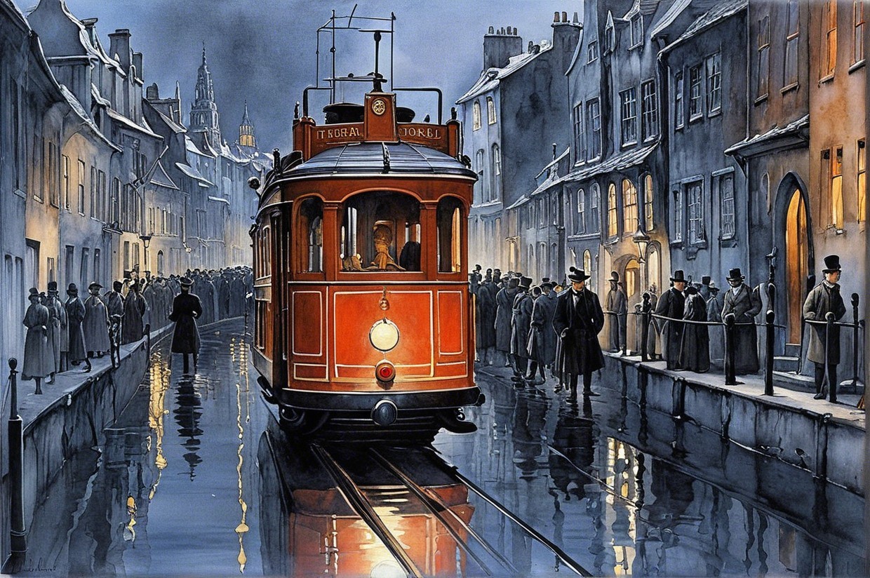 Vintage Tram on Cobblestone Streets with Nostalgic Charm