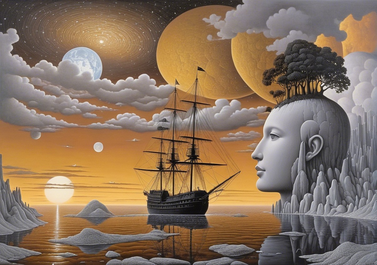 Surreal Landscape with Ship and Ethereal Head