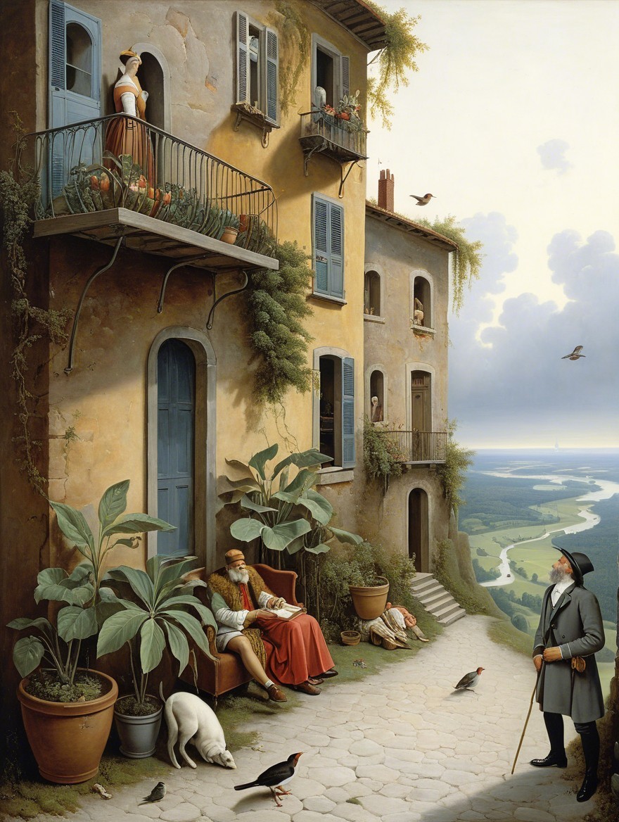 Serene Village Scene with Balconies and Nature Elements