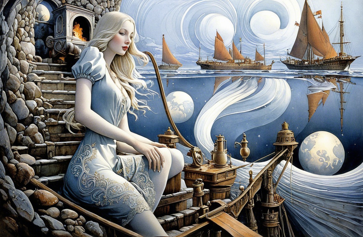 Serene scene of a woman by tranquil water and moons