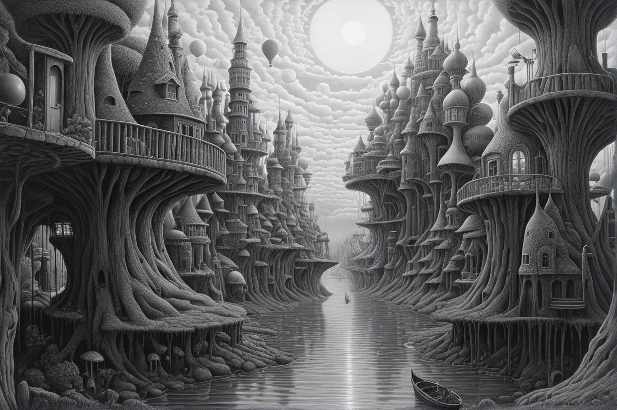 Surreal Black and White Landscape with Whimsical Structures