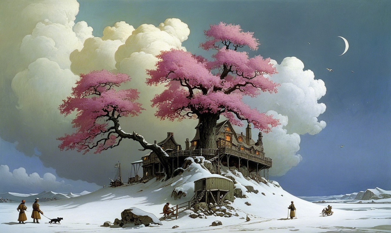 Whimsical Winter Scene with Grand House and Pink Tree