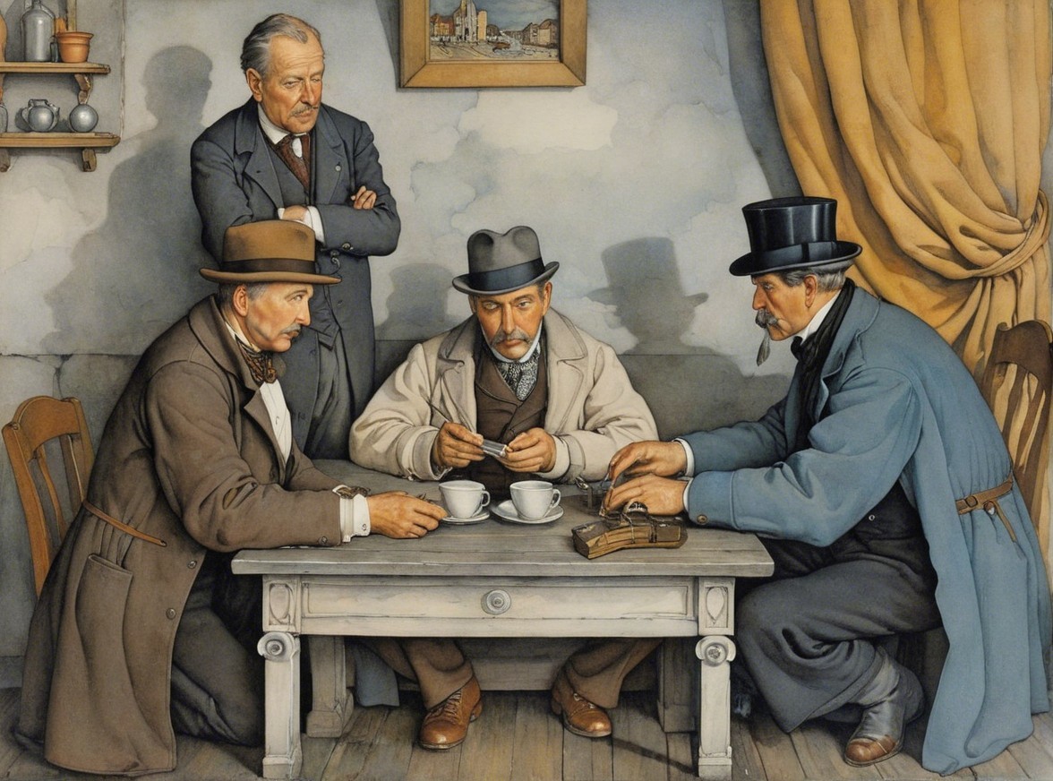 Gathering of Four Men in Period Attire in Cozy Room