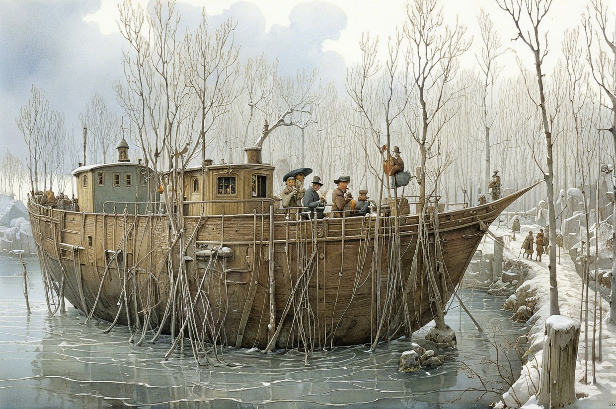 Wooden Boat in Wintry Landscape with Vintage Gatherers