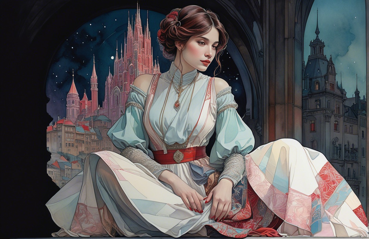 Young woman in gown against castle twilight backdrop