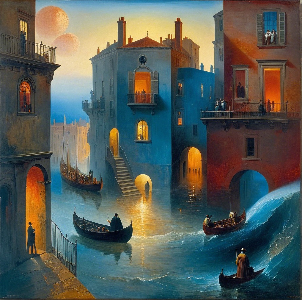Twilight Cityscape with Illuminated Buildings and Moons