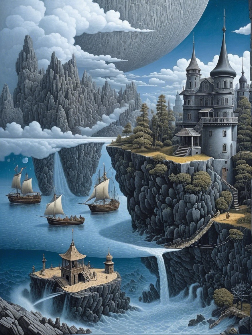 Surreal Landscape with Castles and Reflective Waters