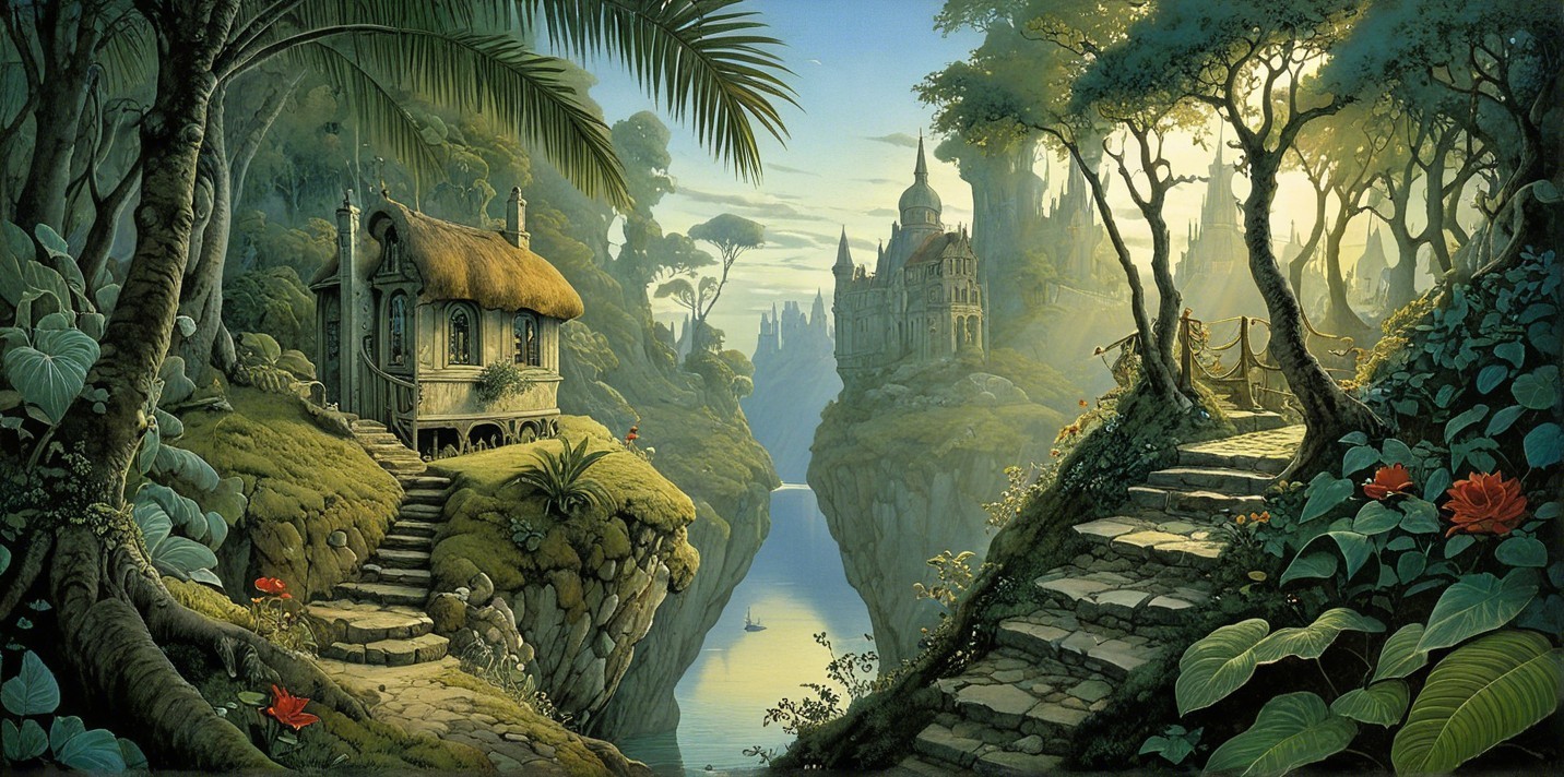 Serene Fantasy Landscape with Cottage and Castle