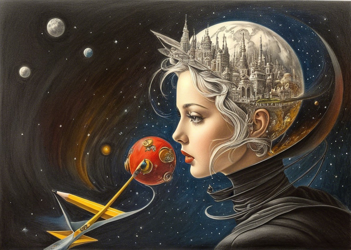 Woman with Silver Hair and Celestial Helmet in Space