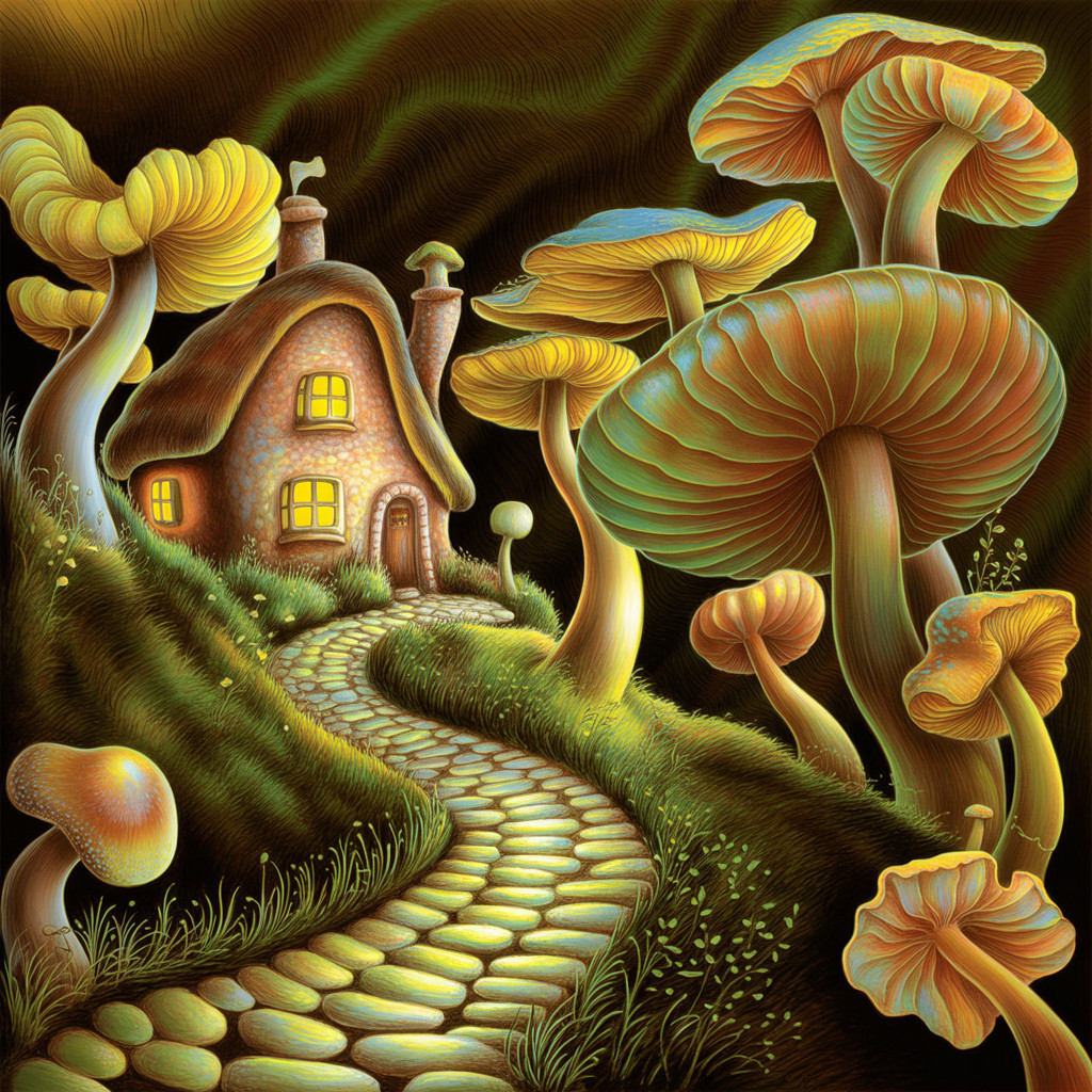 Whimsical Fantasy Cottage Surrounded by Glowing Mushrooms