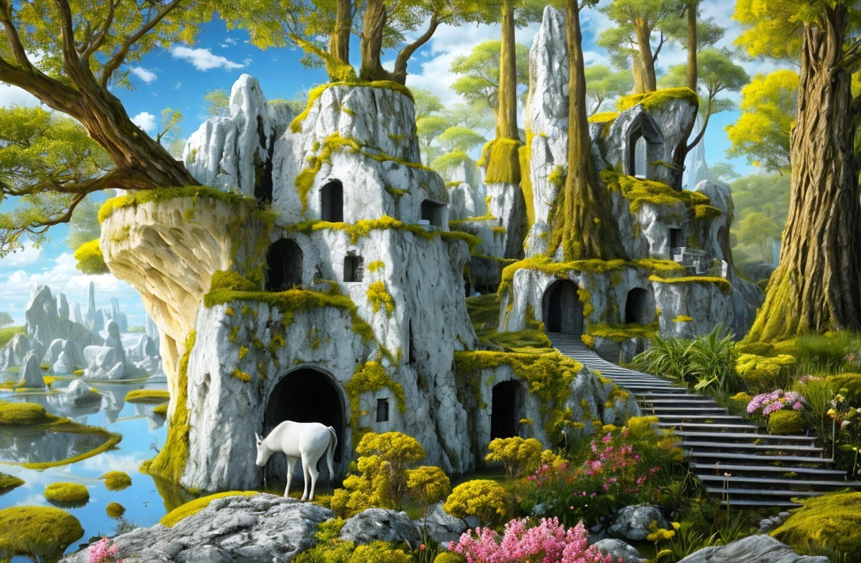 Serene Fantasy Landscape with Cliffs and Tranquil Water