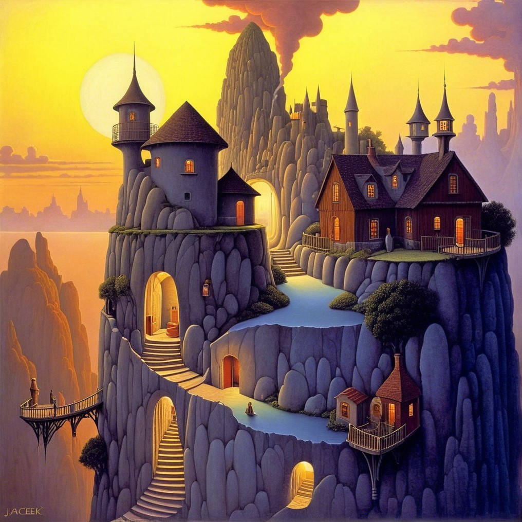 Whimsical Castle Landscape at Golden Sunset