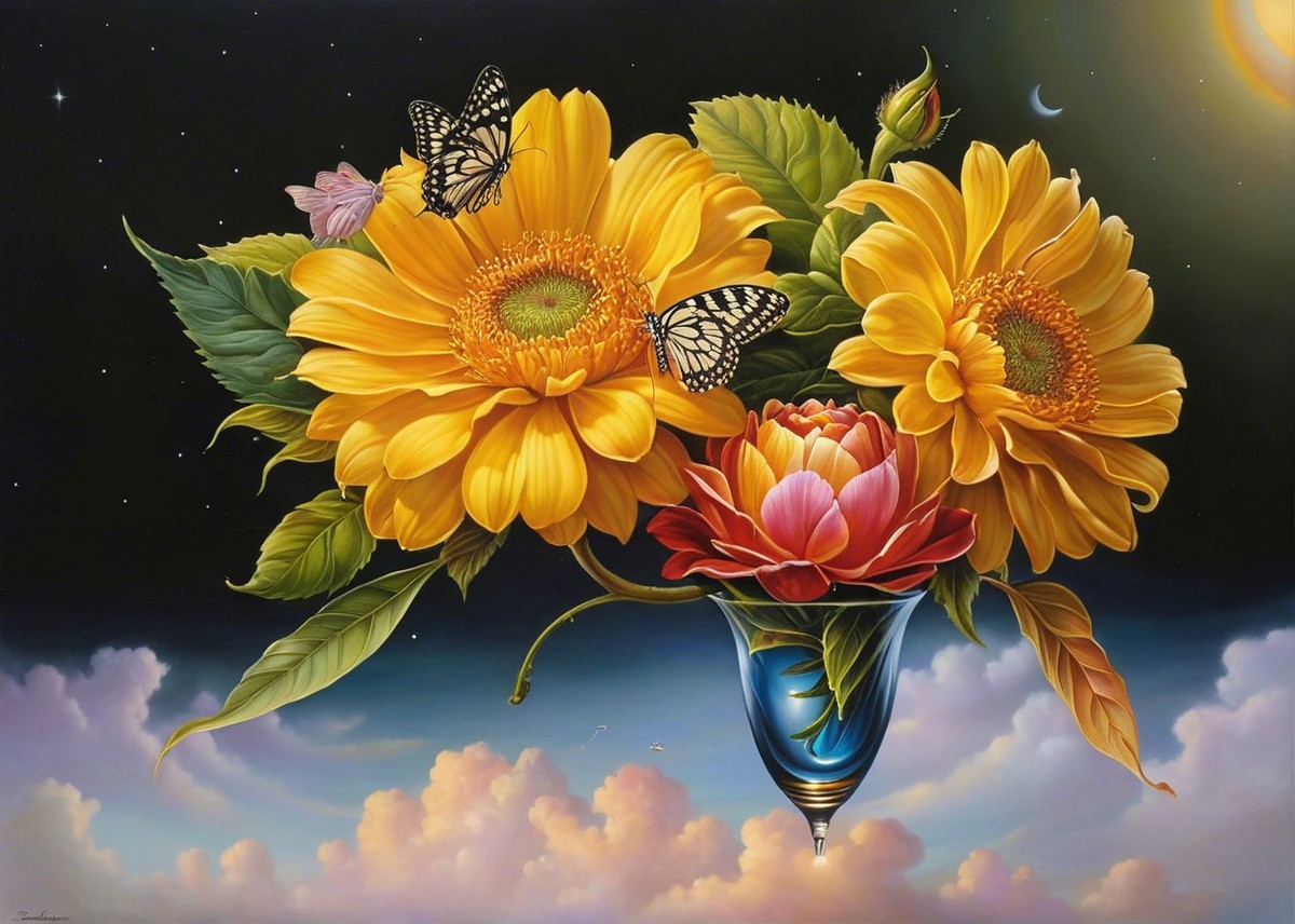 Vibrant Still Life with Sunflowers and Lotus Flowers