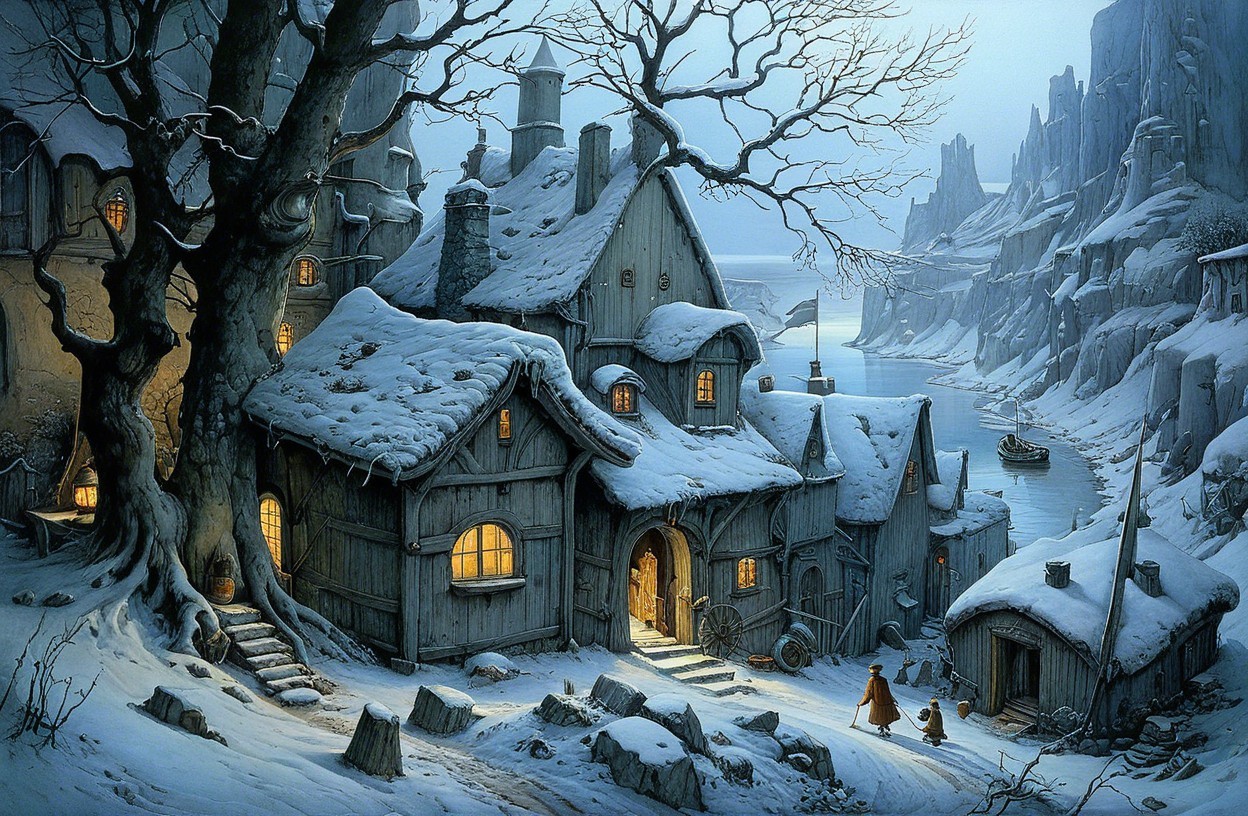 Quaint Village in Snowy Landscape at Twilight