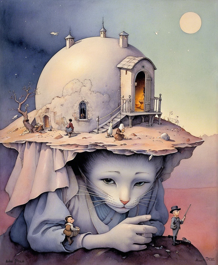 Surreal Artwork of Giant Cat Face and Whimsical House