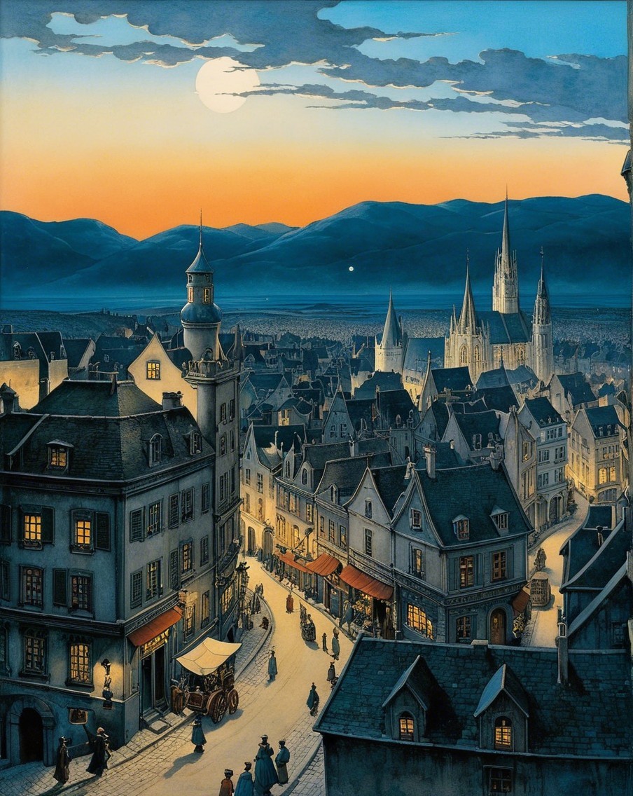 Serene Twilight Scene in a Historic Town Setting