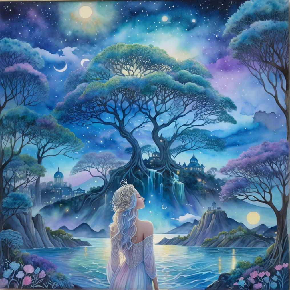 Mystical Landscape Under a Starry Night Sky