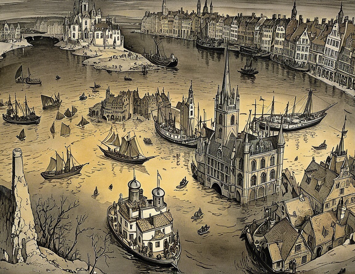 Historic Waterfront Scene with Boats and Castle