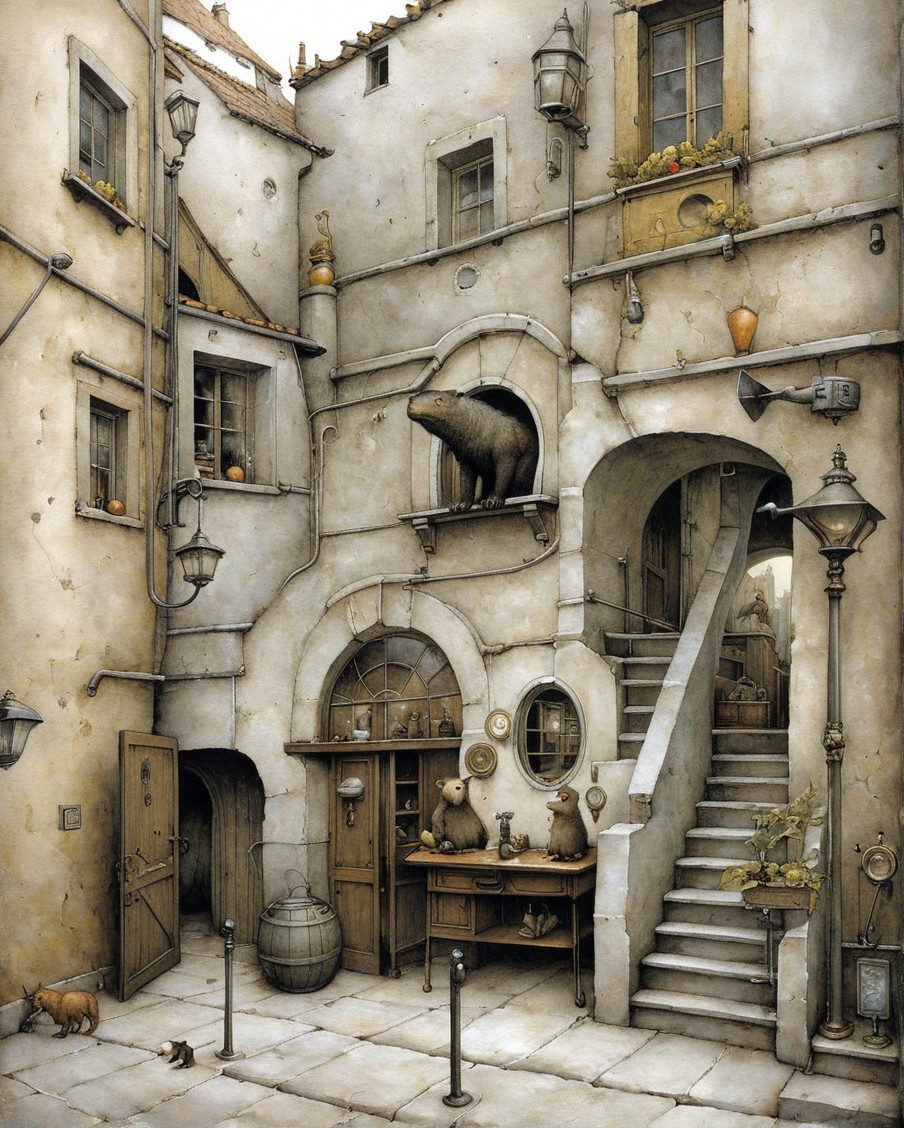 Whimsical Aged Courtyard with Intricate Architecture