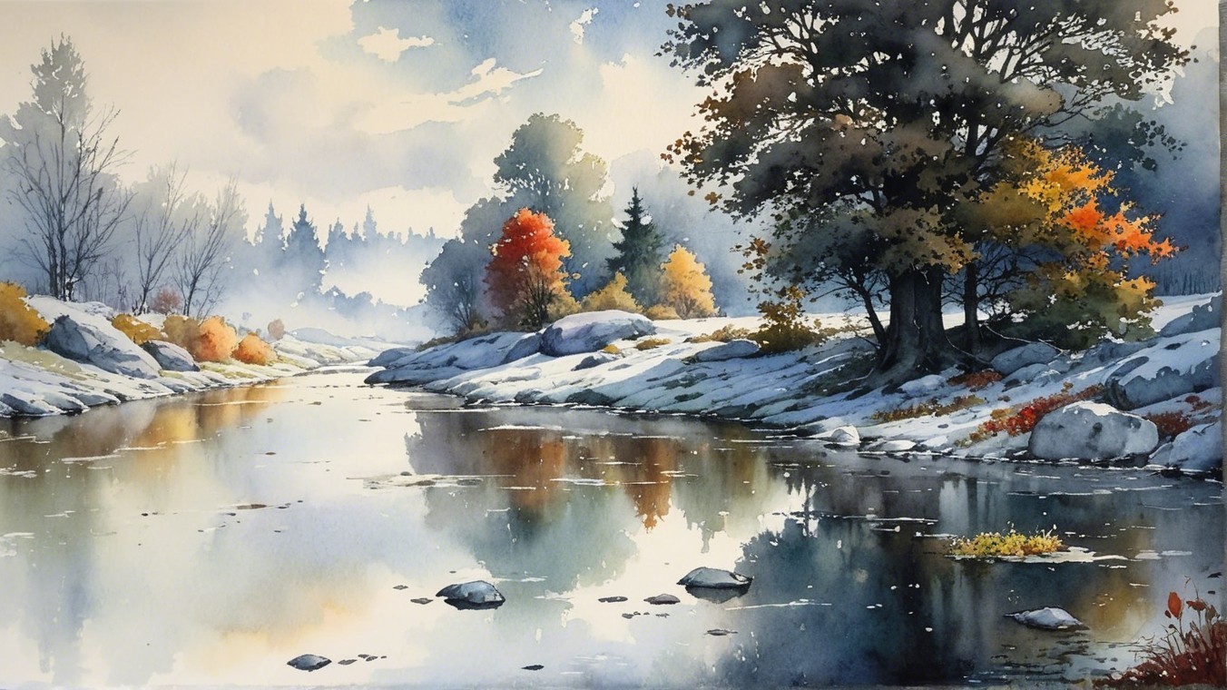 Watercolor Landscape of River in Winter Scene