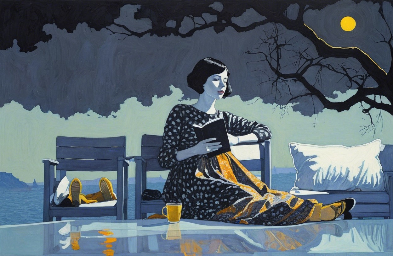 Woman Reading on Balcony with Scenic Lake View