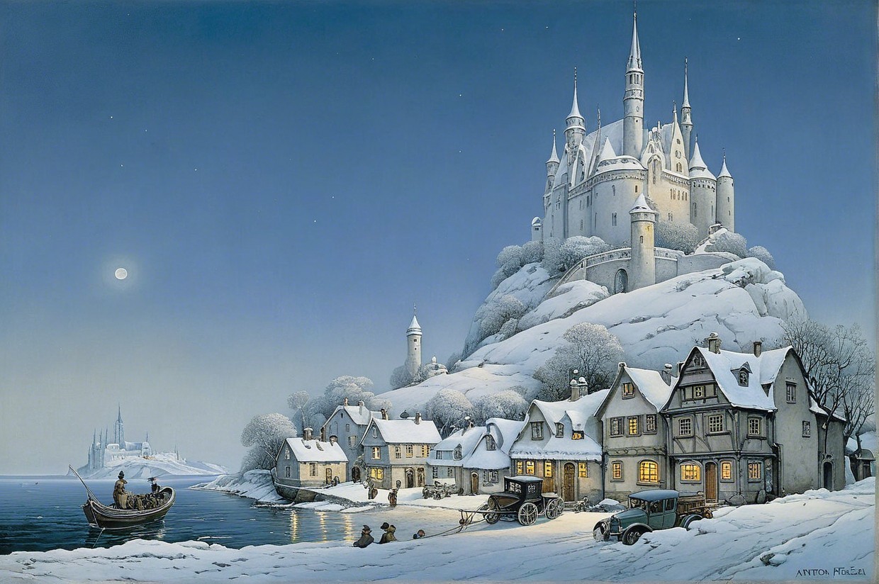 Serene Winter Village Scene by Frozen Lake at Night