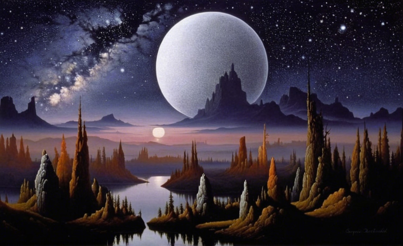 Cosmic Landscape with Moon, Galaxies, and Mountains