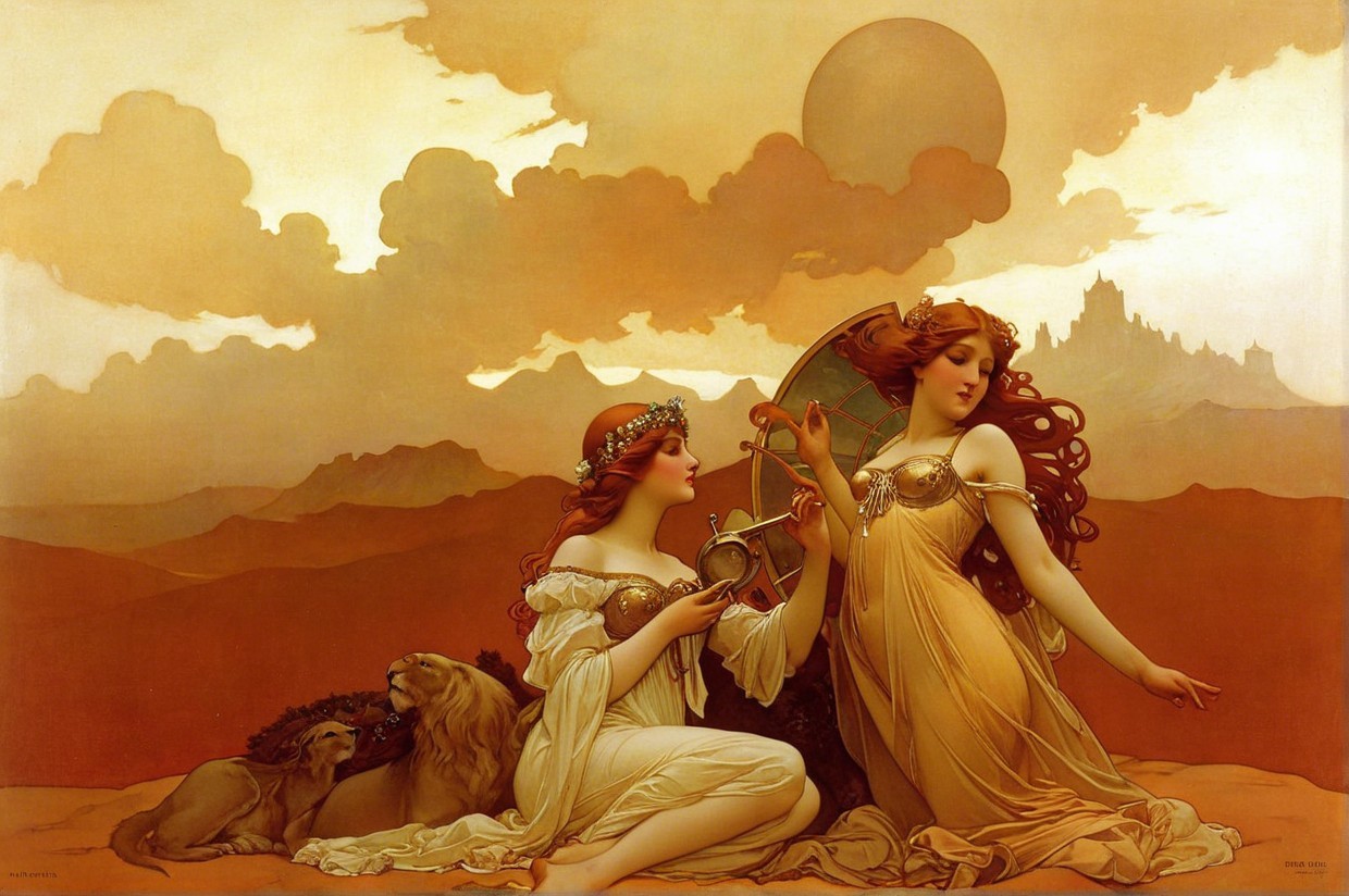 Ethereal Women in Flowing Gowns at Sunset Scene