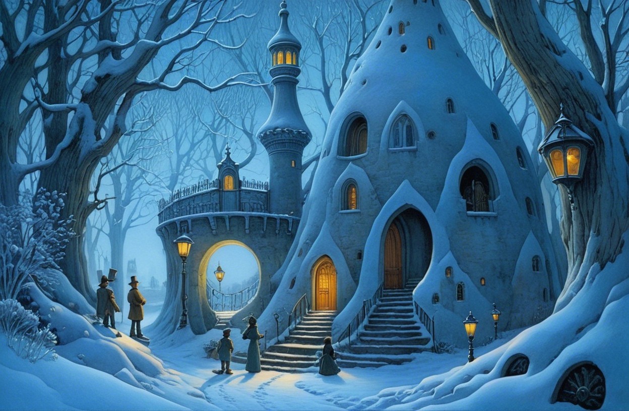 Whimsical Winter Scene in a Snowy Forest Cottage