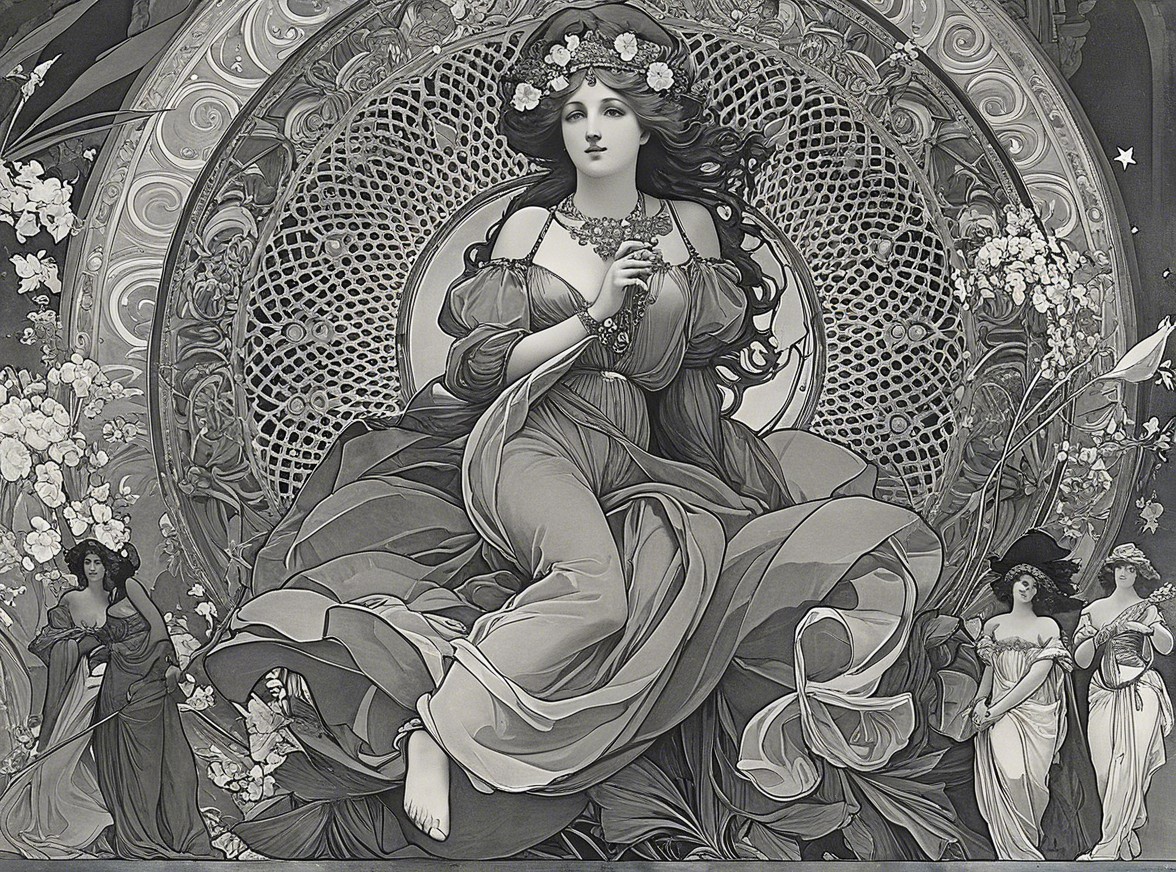 Ethereal Woman in Floral Gown Surrounded by Flowers
