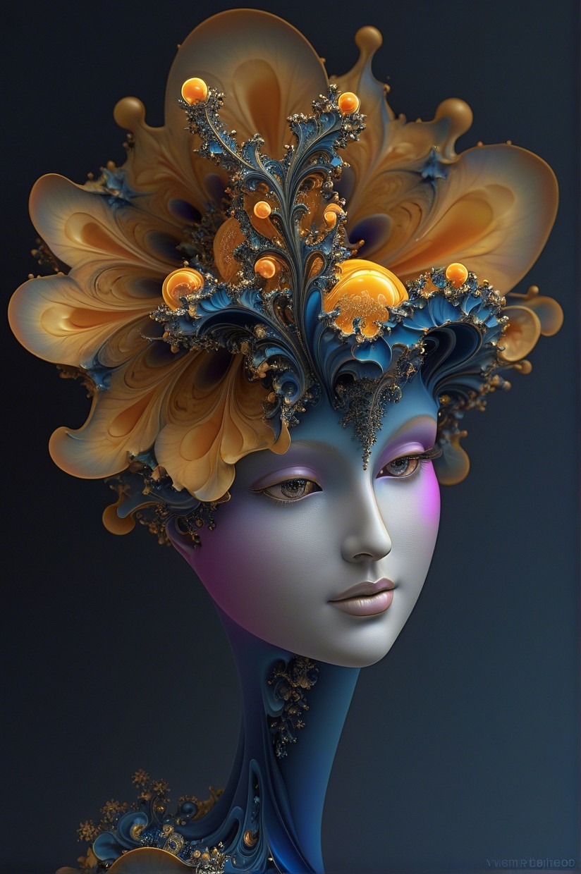 Surreal Ethereal Figure with Floral Patterns in Blue