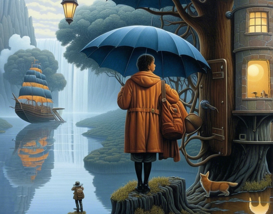 Serene landscape with waterfall, blue umbrella, and fox
