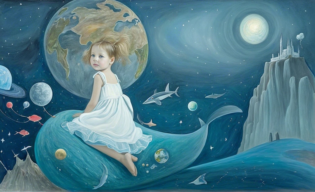 Dreamy Scene of Girl on Whale in Vibrant Universe