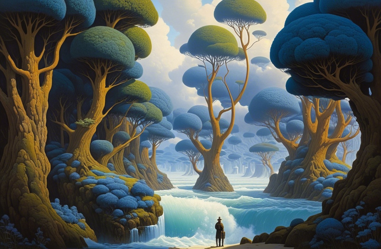 Serene Landscape with Oversized Trees and Waterfalls