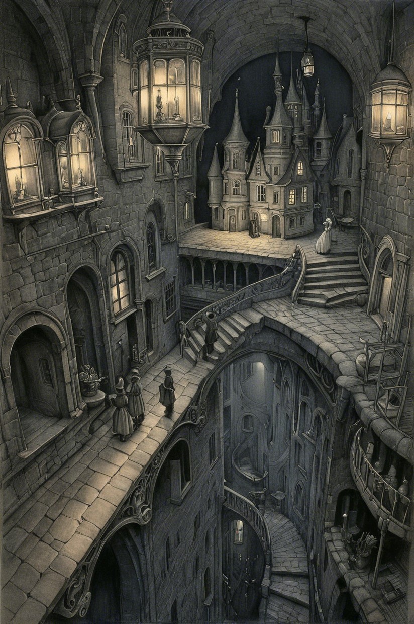 Fantasy Cityscape with Winding Streets and Lanterns