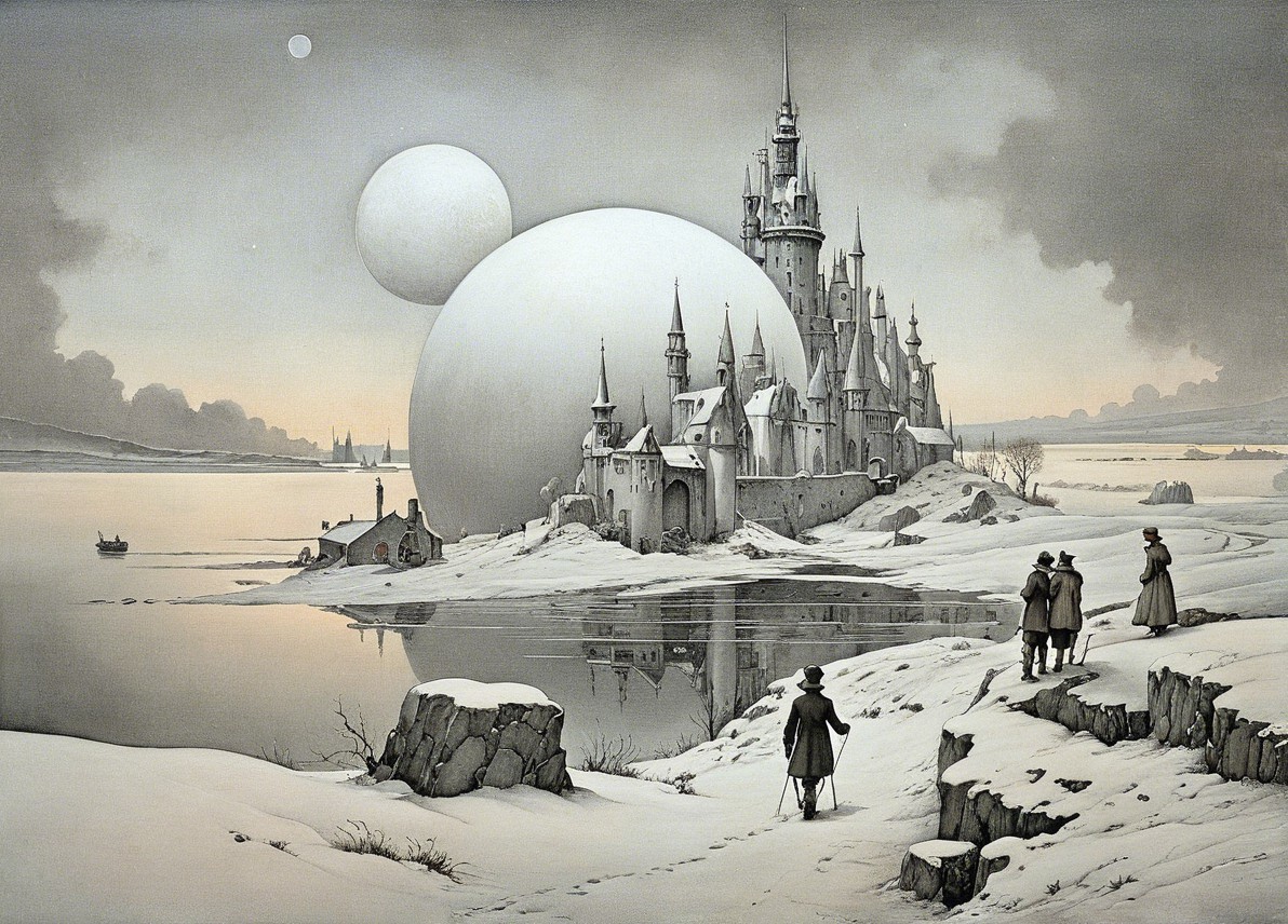 Majestic Castle by Frozen Lake in Serene Landscape