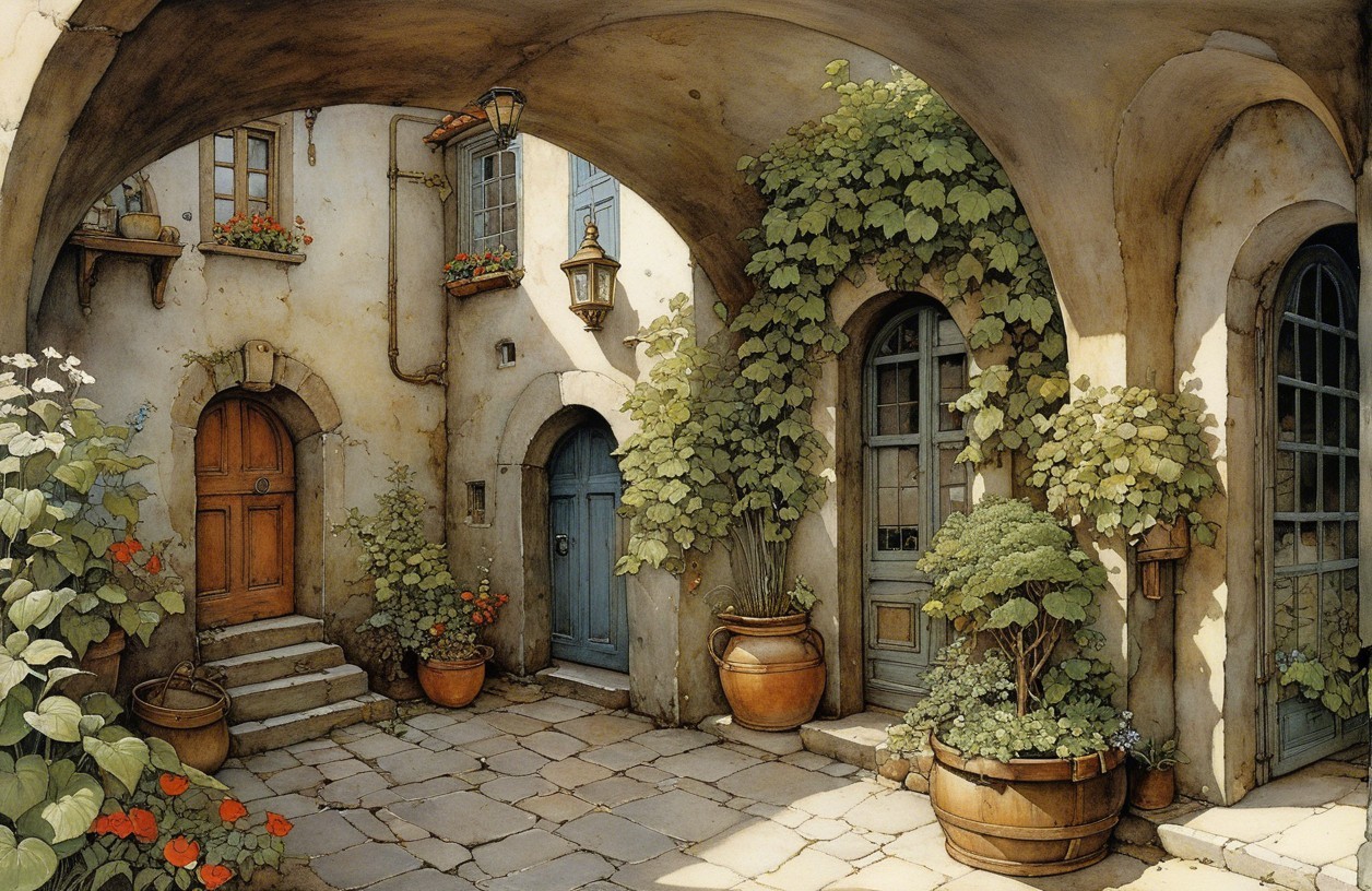Serene courtyard with rustic arches and greenery