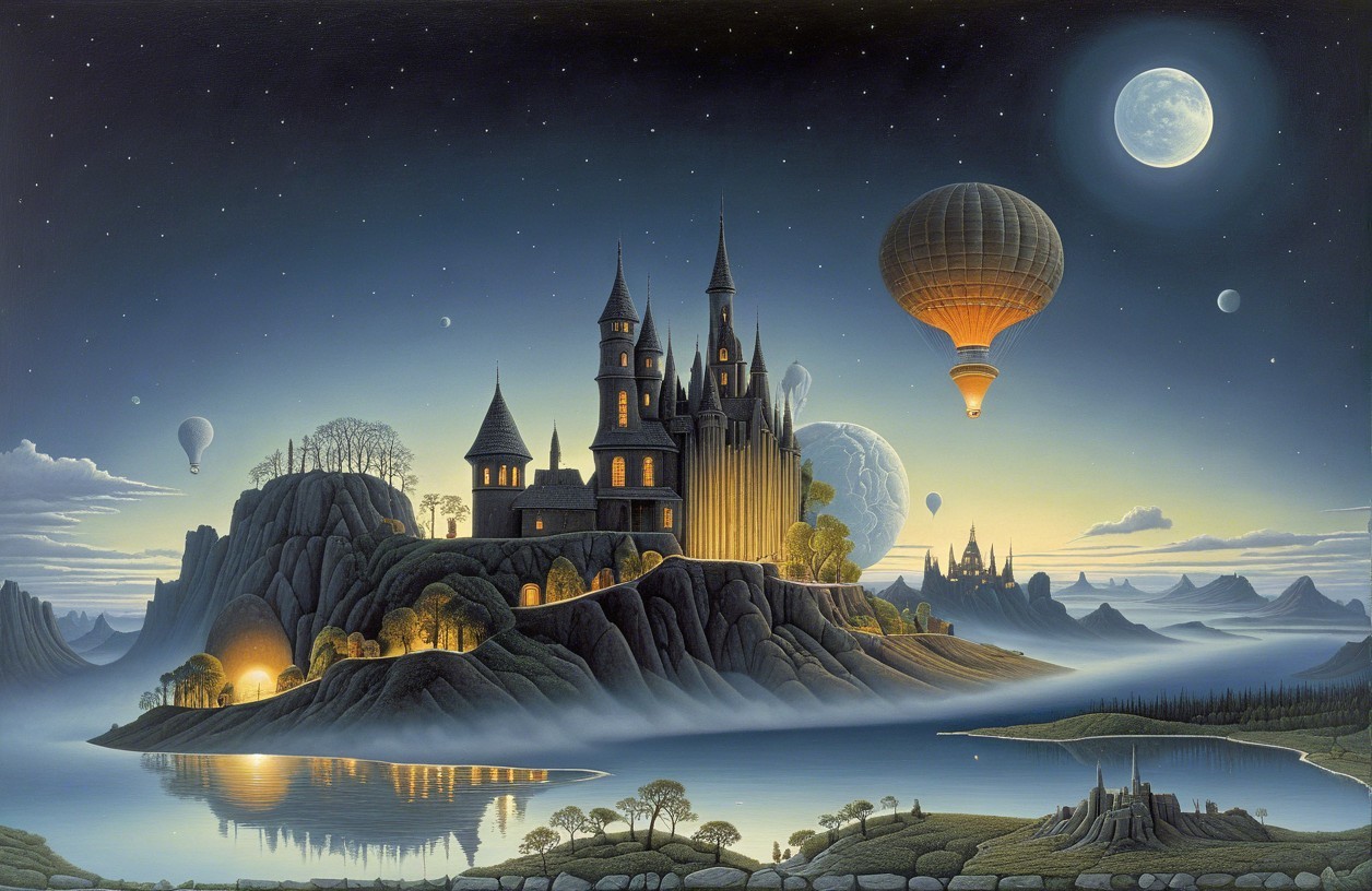 Mystical Castle on Rocky Island Under Moonlight
