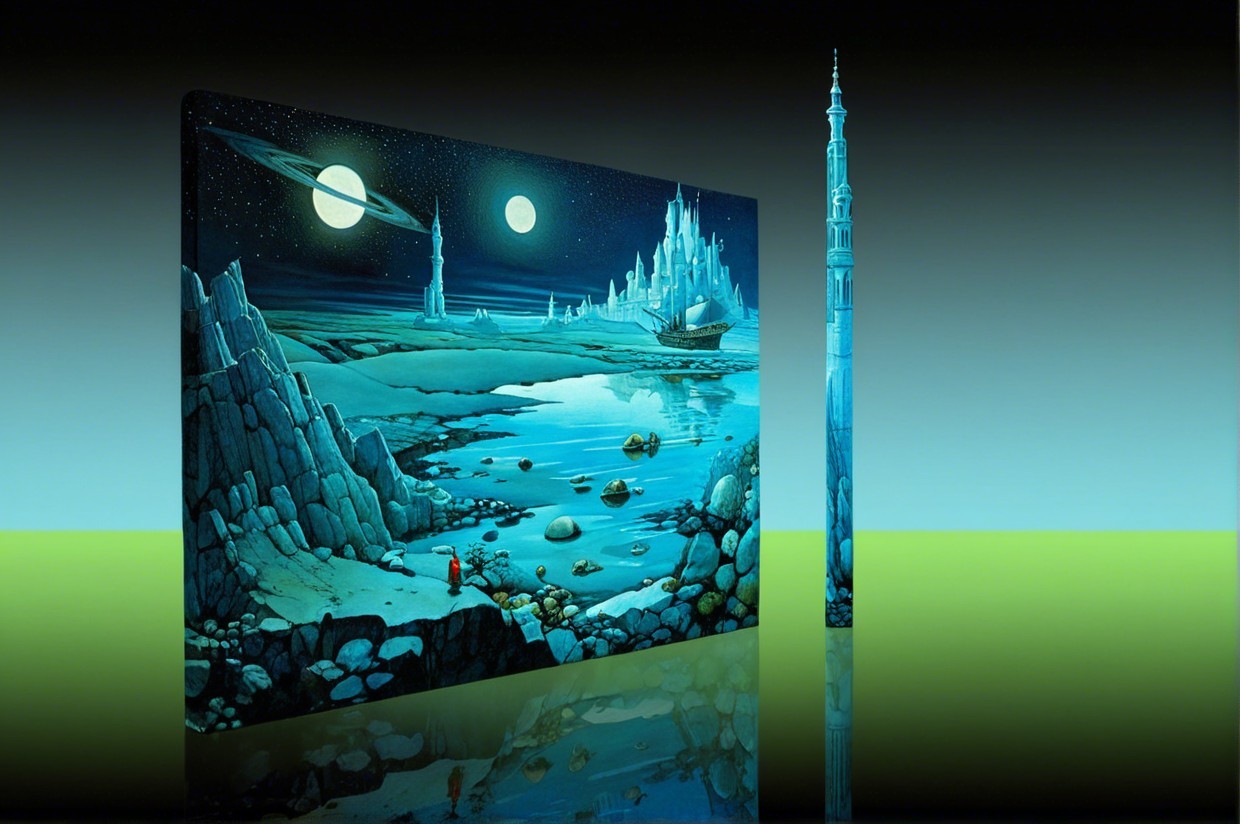 Surreal Landscape with Ice Formations and Moons