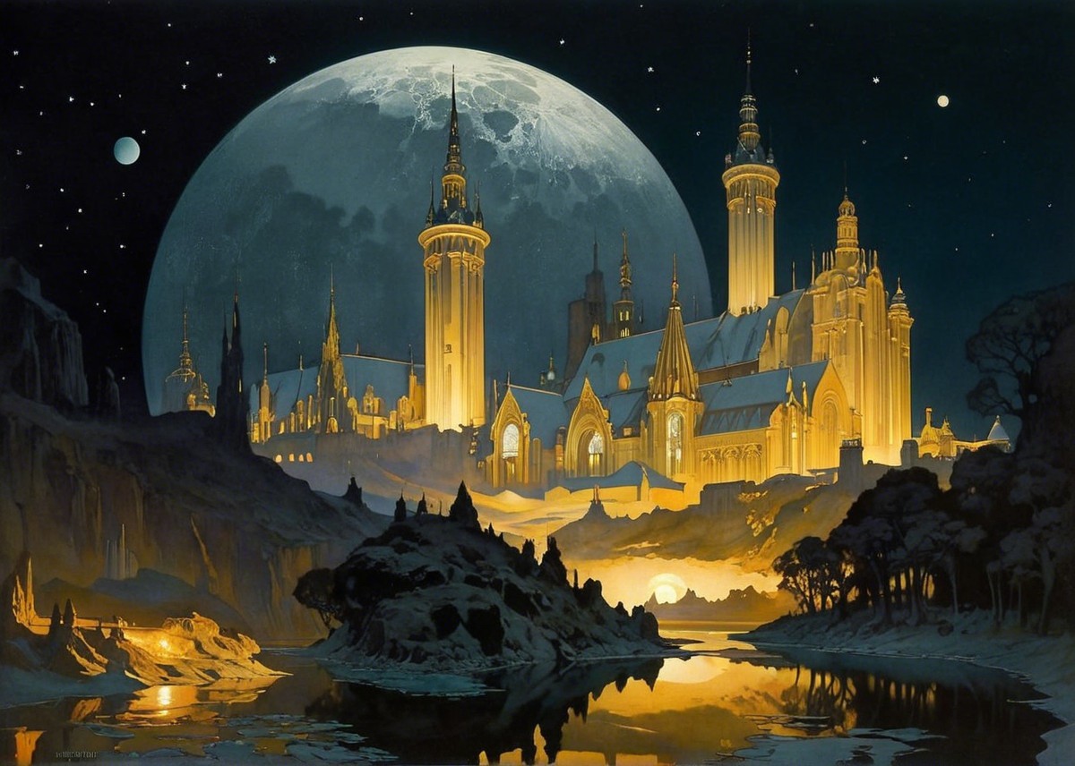 Illuminated Castle Under Moonlight and Starry Sky