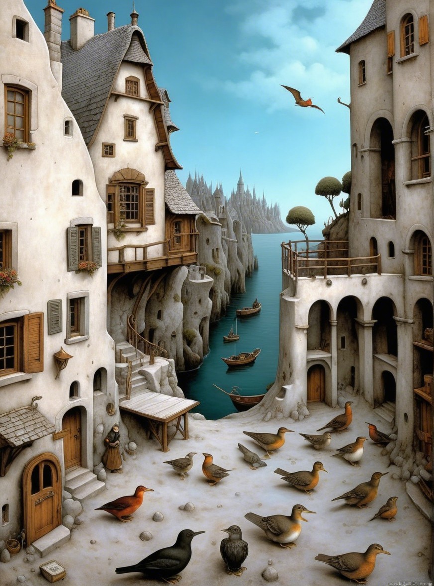 Whimsical Harbor with Unique Artistically Designed Houses