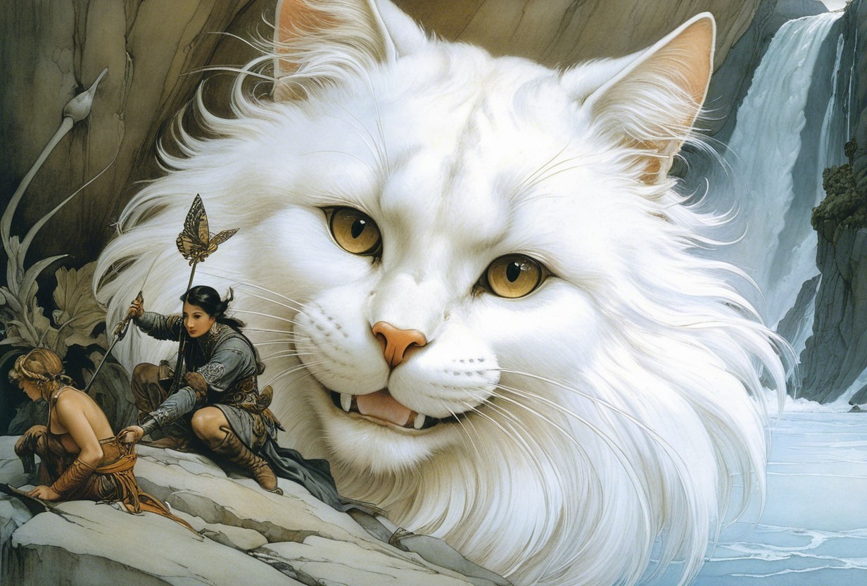 Majestic White Cat in Serene Landscape with Figures