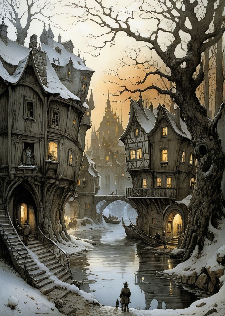 Whimsical Snow-Covered Village with Fairy-Tale Houses
