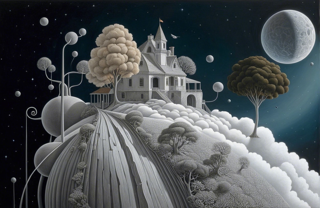 Surreal Victorian House on Cloud-Covered Hill
