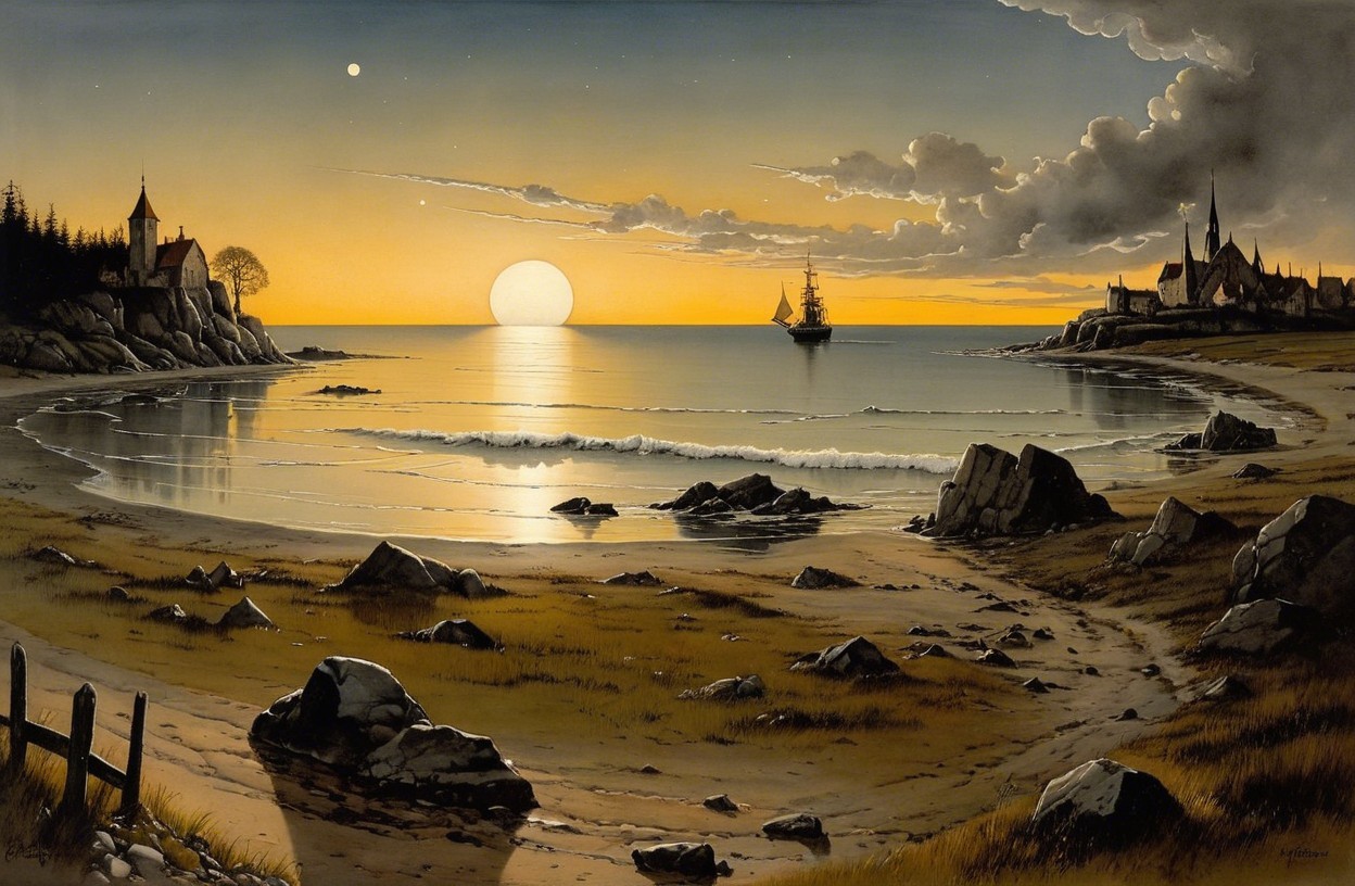 Serene Coastal Landscape at Sunset with Distant Ship
