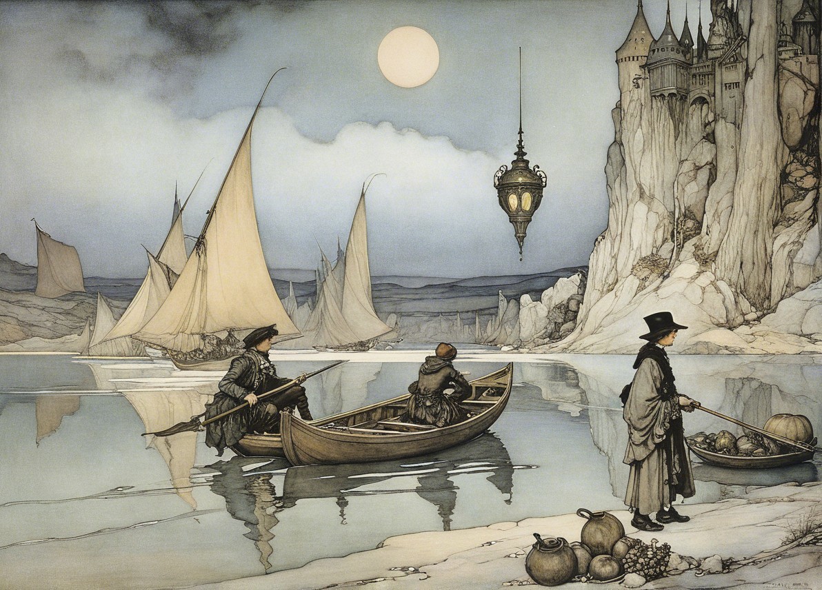 Serene Watercolor Landscape with Boat and Castle